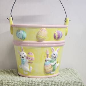 Clay Design Bunny Bucket Handpainted Ceramic Easter Basket Planter Bucket